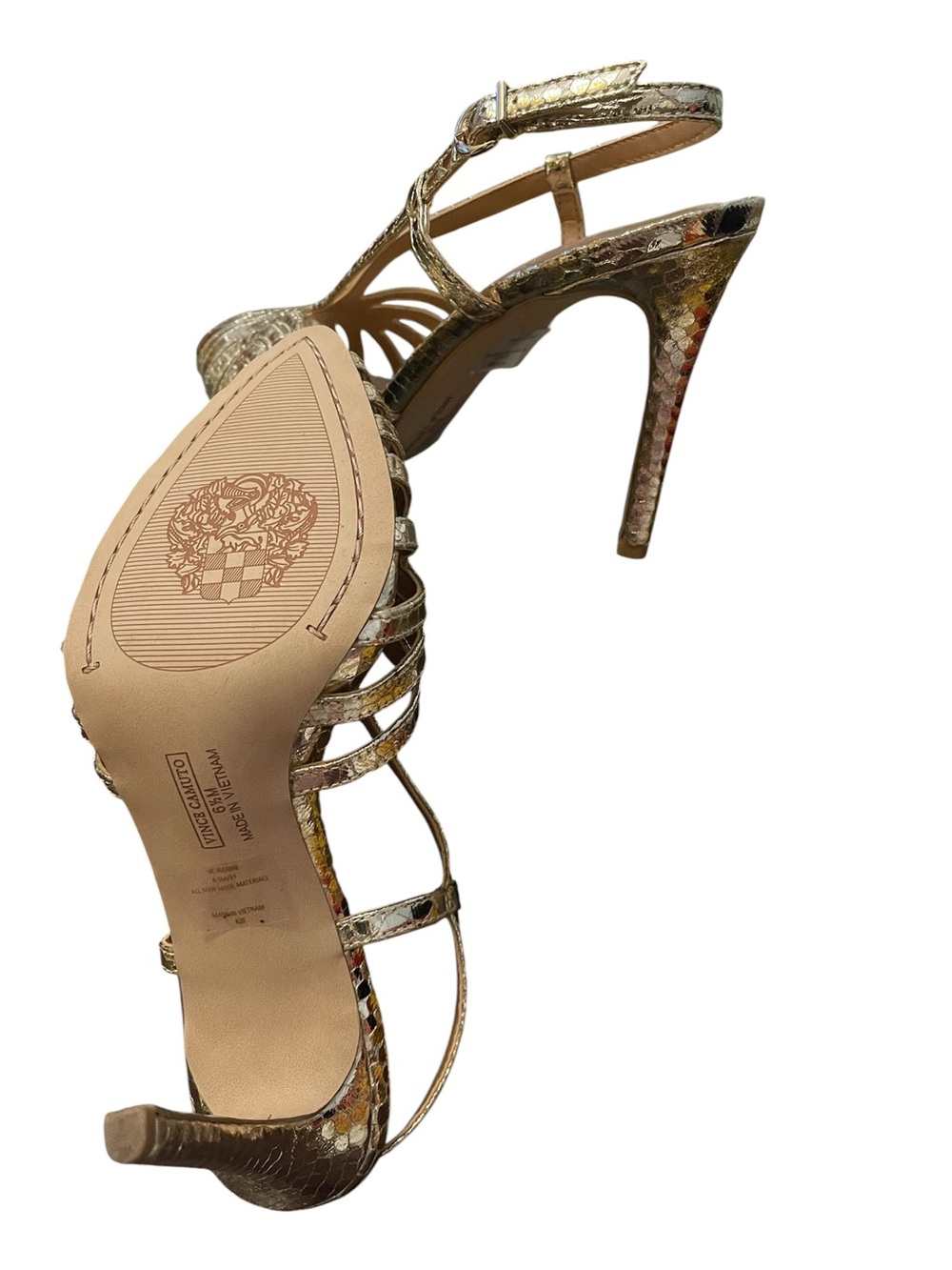 VINCE CAMUTO HANNIE CAGED TOE SANDALS SLINGBACK PEEP TOE GOLD METALLIC SIZE 6.5M - Picture 10 of 15